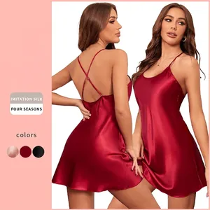Nuisette En Satin Satin Bretelles Spaghetti Dos Nu Pyjama Femmes Sexy Col En V Vêtements De Nuit Été Décontracté Chemise De Nuit