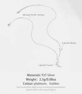 Detailed size chart for S925 silver star and moon necklace with weight and measurements
