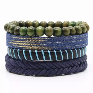 Ensemble de bracelets multicouches pour hommes en cuir et perles de bois bleu et vert