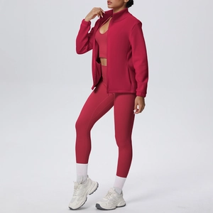 Completo yoga rosso scuro 3 pezzi con giacca a zip, top corto e leggings a vita alta