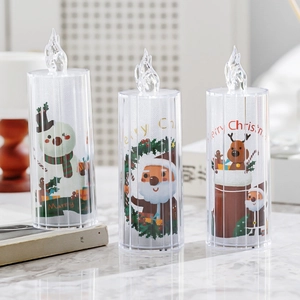 Three-piece transparent LED Christmas candle set featuring Santa, snowman and deer designs