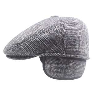Winter elderly men's wool flat cap with houndstooth pattern and ear protection flaps