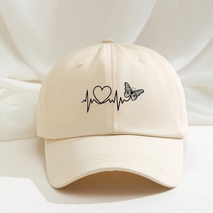 Beige cotton baseball cap featuring minimalist heart and butterfly graphic print