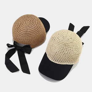 Japanese style crochet straw baseball caps with elegant black ribbons and bows for women