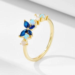 925 Sterling Silver Butterfly Ring For Women Gold Silver Plated Blue Opal Rhinestone Inlaid Finger Jewelry Fashion Daily Accessory
