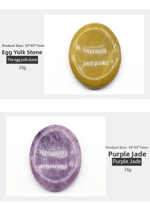 Detail view of oval natural crystal stones in yellow and purple with size dimensions