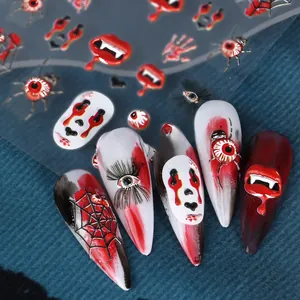 Detail of 5D embossed Halloween nail stickers with blood lips and eyeball patterns