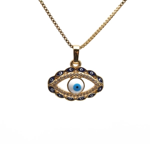 Gold evil eye pendant necklace with blue enamel and micro-set cubic zirconia on box chain