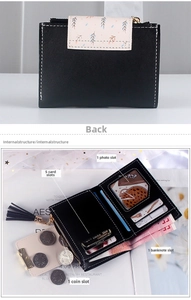 Short black PU wallet details featuring 5 card slots, 1 photo window and tassel charm
