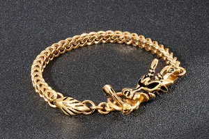Détail du fermoir tête de dragon doré et de la chaîne tressée du bracelet en acier