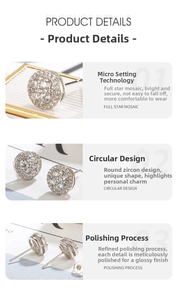 Macro view showing micro-pave zircon settings and polished metal of round stud earring