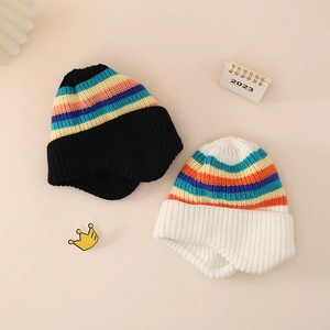 Cozy rainbow striped knit baby hats with earflaps in black and white styles