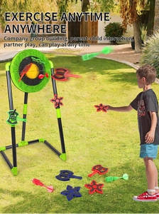 Kids outdoor dart game set showing bracket stand with various soft throwing accessories