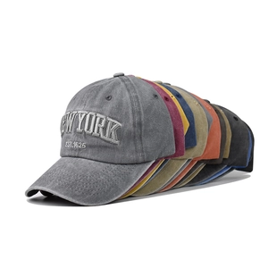 Vintage washed cotton baseball caps with New York embroidery in various retro colors