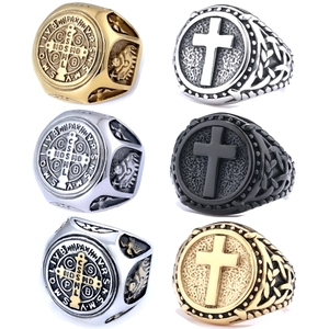 Vintage St Benedict Medal Cross Ring Stainless Steel Religious Industrial Signet Jewelry For Men Women Retro Engraved