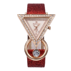 Women's quartz watch with red glitter strap and crystal-studded triangle case