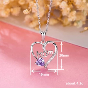 Silver Mom heart necklace with purple gemstone and white zircon in 20mm heart pendant