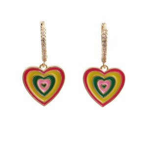 Golden heart-shaped enamel drop earrings with colorful layers and sparkling rhinestones