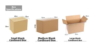 Three sizes of brown corrugated cardboard boxes with detailed dimensions on white background