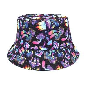 Reversible Bucket Hat Polyester Full Print Mushroom Shark Tropical Sun Protection Outdoor Beach Fisherman Cap Unisex