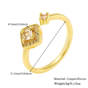 Detailed specs of the 18K gold plated copper ring with square zircon and dimensions