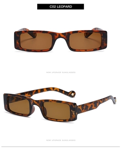 Detail of leopard print retro square sunglasses with dark brown lenses and sleek finish