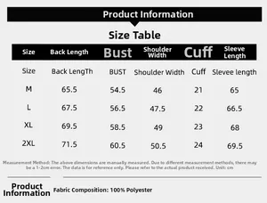 Size chart for men's casual jacket showing measurements for M to 2XL in 100% polyester