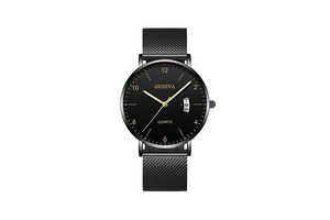 Close-up of black Geneva quartz watch with mesh strap, date window and gold markers