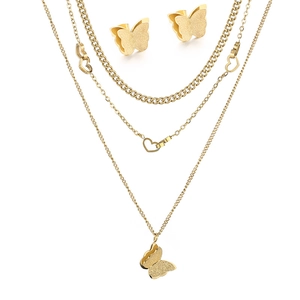 Multi-layer gold stainless steel necklace set with butterfly and heart pendants