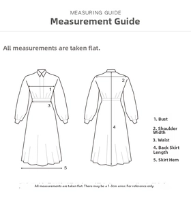 Measuring guide showing bust, waist, and length dimensions for the A-line print dress