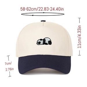 Detail showing dimensions and panda embroidery on contrast two-tone baseball cap