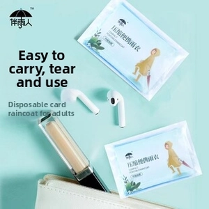 Portable card-sized disposable raincoat shown next to daily items for scale