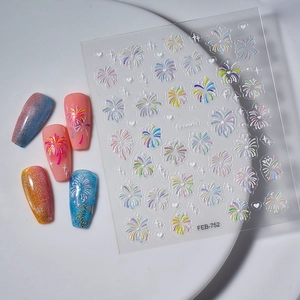 5D colorful fireworks nail art stickers with embossed 3D floral designs for DIY manicures