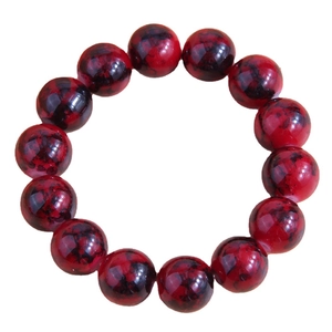 Elegant beaded bracelet with gradient red and black marbled stone beads on white background