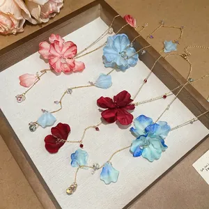 Elegant fabric flower pendant necklaces with crystal accents in four colors for women