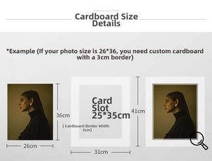 Detailed size chart for picture frame mounts showing cardboard mat inner and outer dimensions