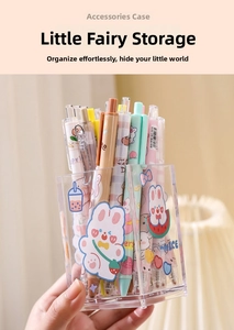 Detail of clear acrylic pen holder featuring cute cartoon rabbit and fruit patterns