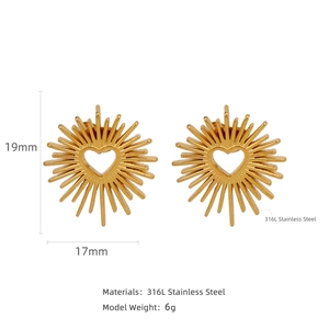 Schicke 18k vergoldete Herz-Sonnenstrahl-Ohrstecker aus Edelstahl für Damen