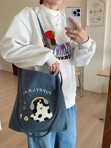 Blue striped canvas tote bag with puppy embroidery and shoulder strap for women