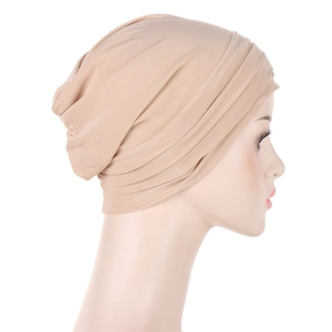 Side view of beige pleated headscarf for women on model, soft and elastic fabric detail