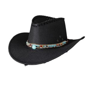 Chapeau de cowboy noir tressé avec bande de perles turquoise pour la protection solaire de plage