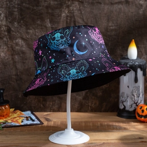 Double-sided Halloween bucket hat featuring gothic skull bat and moon neon prints