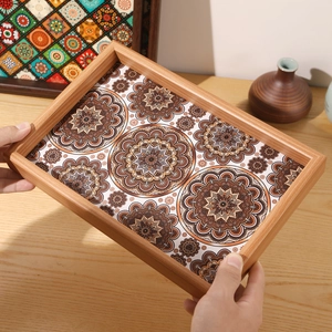 Bohemian rectangle wooden tray featuring brown mandala geometric floral pattern