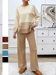 Women Knit Sweater And Wide Leg Pants Striped Color Block Long Sleeve Crew Neck Casual Vacation Minimalist Style