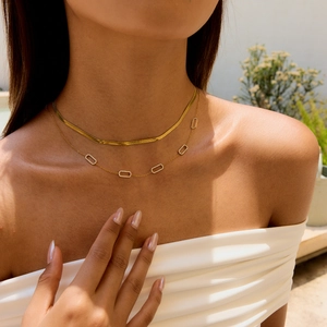 Golden stainless steel snake chain and rectangular rhinestone pendant necklace for women
