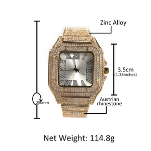 Detail view of gold square watch with Austrian rhinestones and dimension annotations