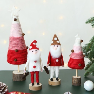 Christmas Tree Desktop Decoration Santa Claus Gnome Figurines Wool Felt Yarn Wrapped With Wooden Base Bells Ornaments
