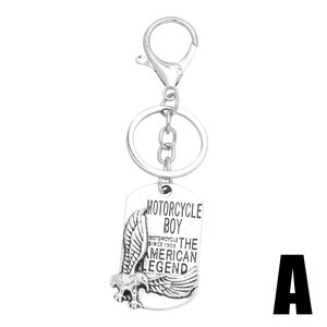 Silver eagle shield keychain with motorcycle boy engraving and vintage zinc alloy finish