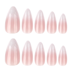 Pink gradient almond press-on nails with silver glitter tips, 10-piece set on white background