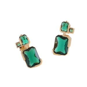 Elegant gold-plated stud earrings featuring vibrant green emerald zircons on white backdrop